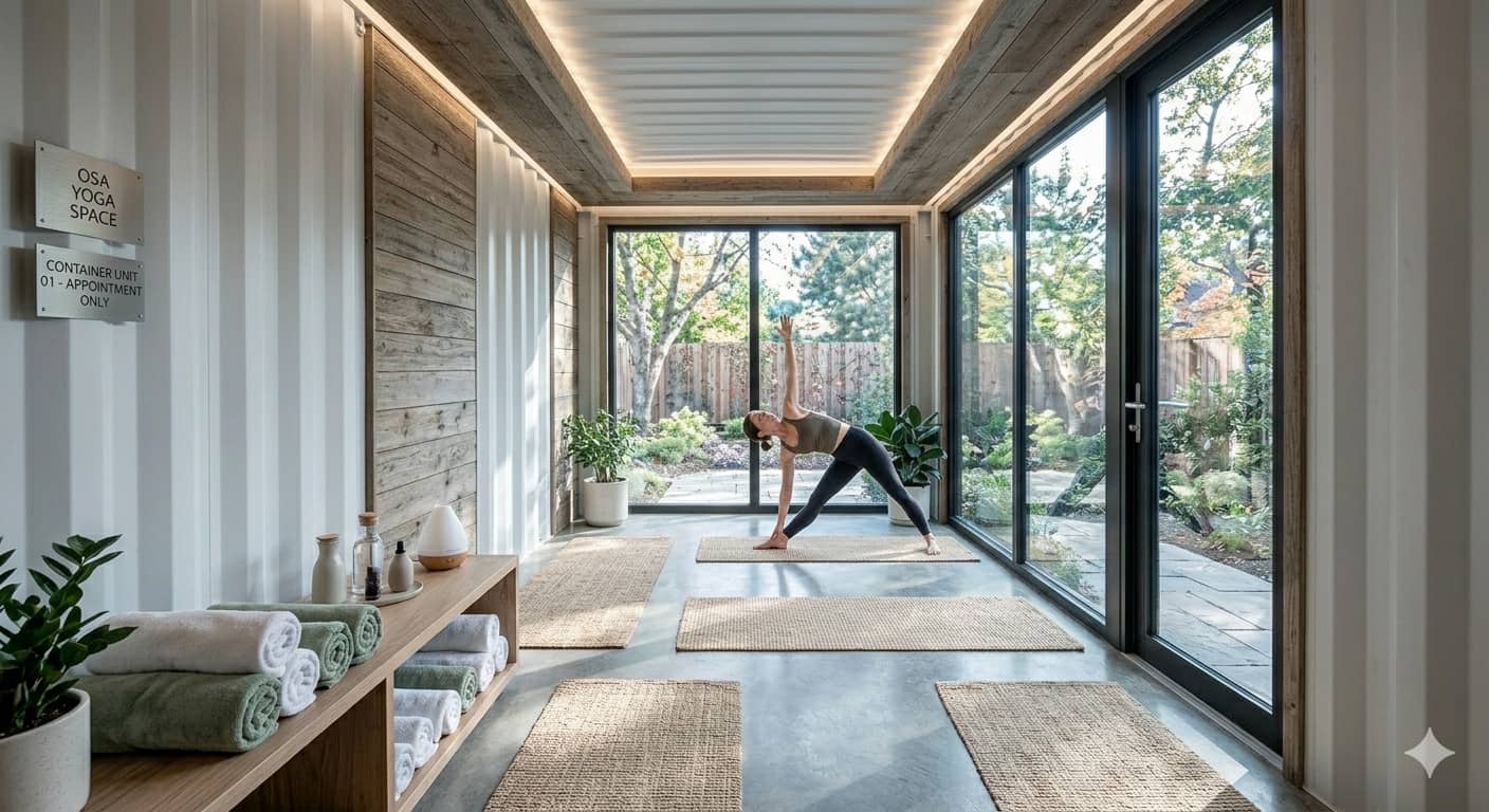 A bright and airy yoga space inside a modified shipping container with large glass windows