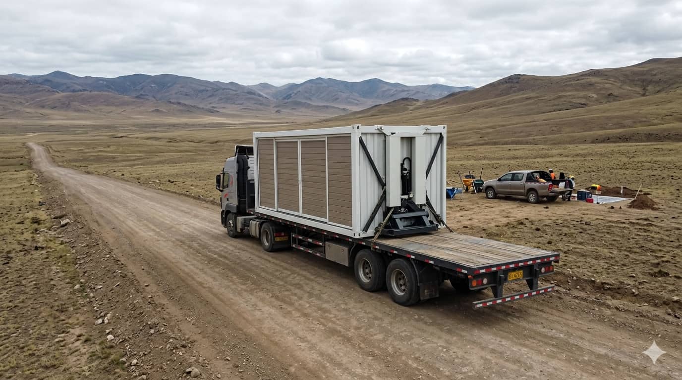 A truck delivering a compact expandable container house to a remote site