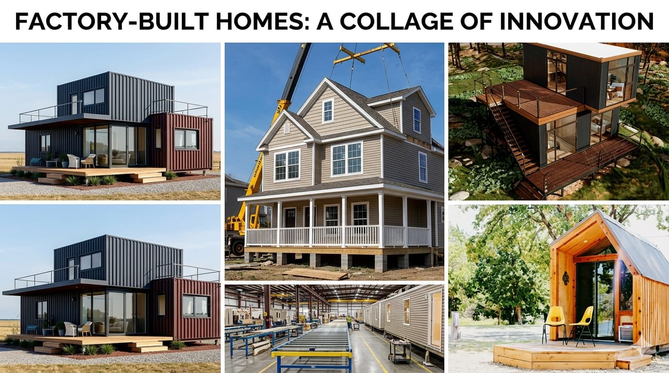 A collage of different factory-built homes including a container home, a modular home, and a tiny cabin.