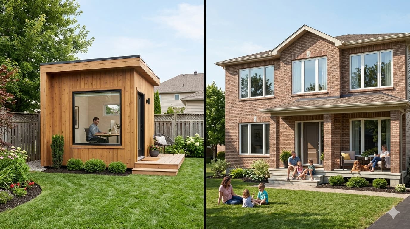 A split image showing a tiny cabin as a backyard office on one side, and a modular home as a family residence on the other.